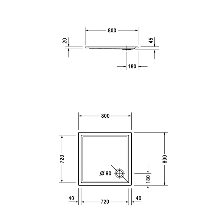 Duravit  Starck Slimline Поддон акриловый квадратный  800x800х45mm, d90, цвет белый