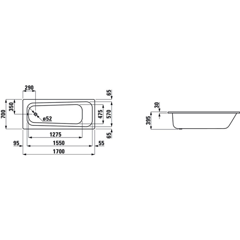 Laufen PRO Стальная ванна (3,5мм) 1700x700 мм,  шумоиз-я, с отв. для ручек, с антискольз. покрытием, белый