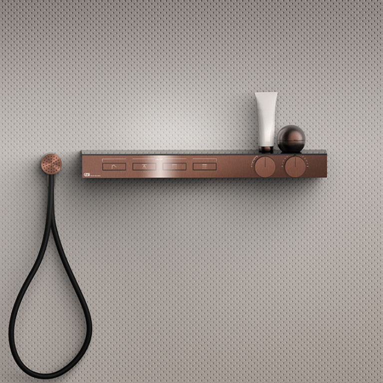 Gessi Hi-Fi Термостат для душа, с вкл. до 4 источников одновременно (внешняя часть), с полкой из черного мат. стекла, цвет: Copper Brushed PVD