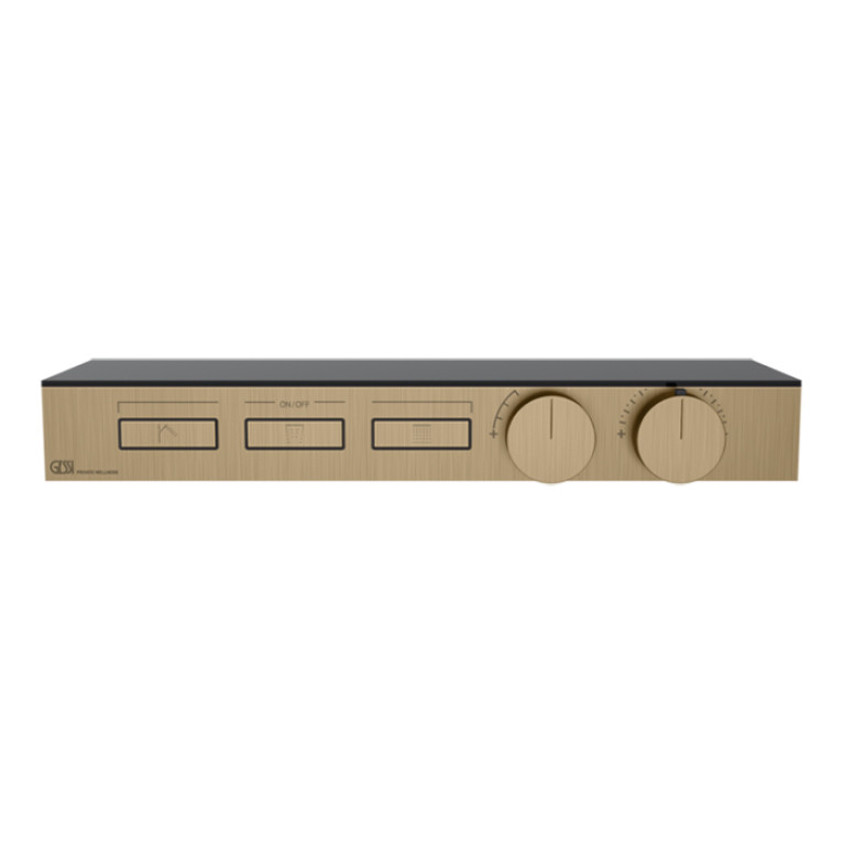 Gessi Hi-Fi Термостат для душа, с вкл. до 3 источников одновременно (внешняя часть), с полкой из черного мат. стекла, цвет: warm bronze brushed pvd