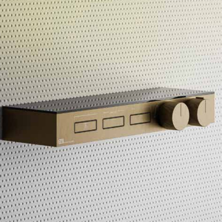 Gessi Hi-Fi Термостат для душа, с вкл. до 3 источников одновременно (внешняя часть), с полкой из черного мат. стекла, цвет: warm bronze brushed pvd