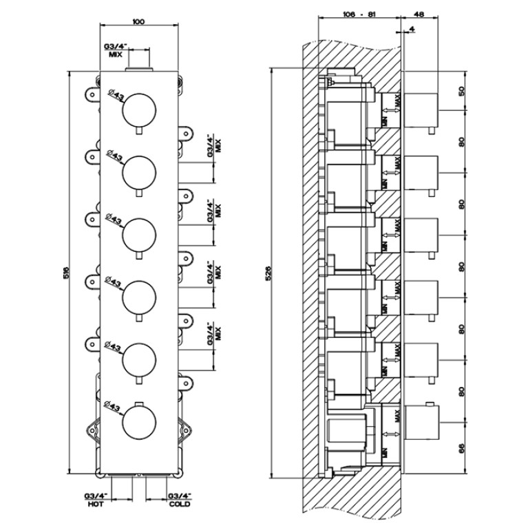 GESSI 316 Встраиваемый термостатический смеситель на 5 источников, резьба 3/4 (внешние части), цвет: steel brushed