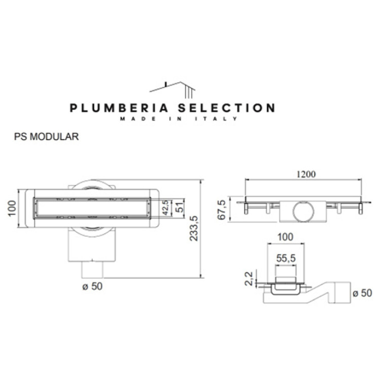 Plumberia Selection Трап душевой PS MODULAR 4x120 2устор. накладка из нерж.стали, основа из пластика 50мм,40л/мин, черн.матов.
