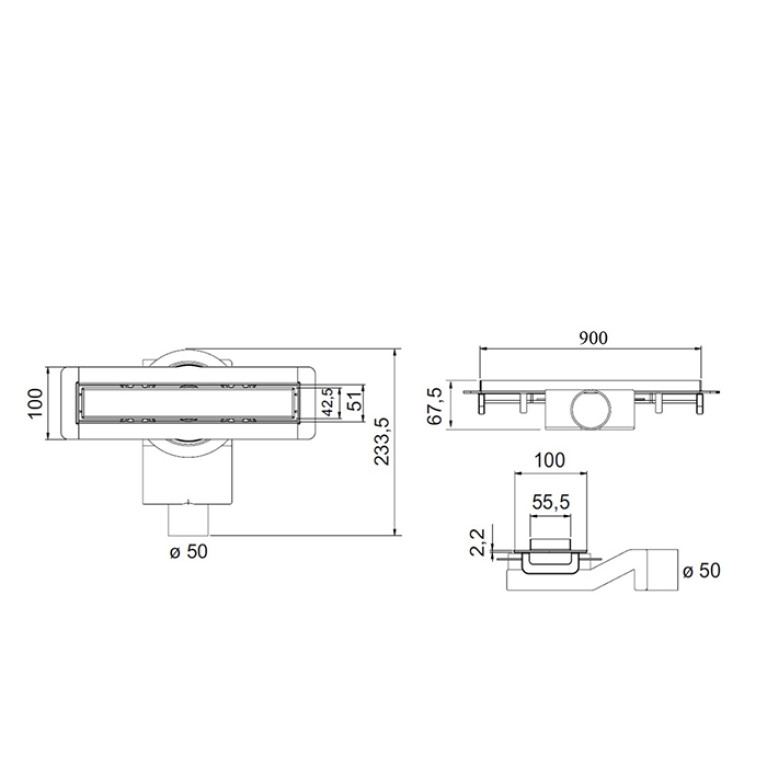 Plumberia Selection Трап душевой PS MODULAR 4x90 2устор. накладка из нерж.стали, основа из пластика 50мм,40л/мин, золото браш.