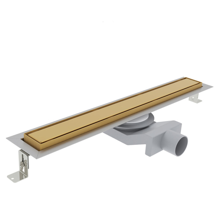 Plumberia Selection Трап душевой PS IN-TILE 6x80 2устор. накладка из нерж.стали, комбинир.затвор с горизонт. Выпуском Ду 50мм,40л/мин, золото браш.