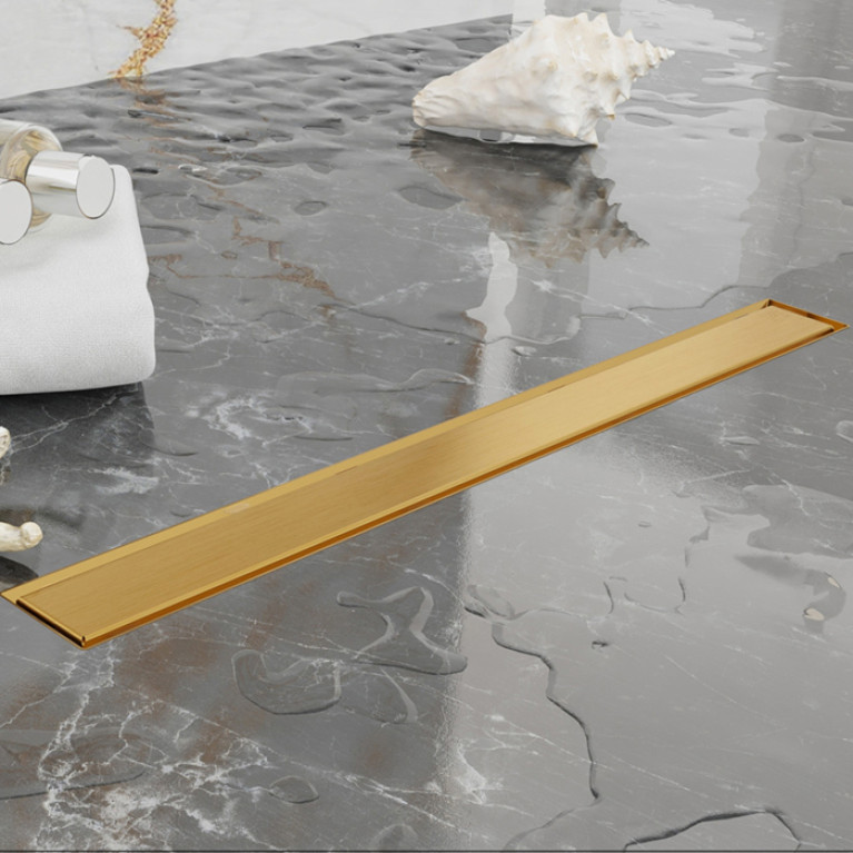 Plumberia Selection Трап душевой PS IN-TILE 6x90 2устор. накладка из нерж.стали, комбинир.затвор с горизонт. Выпуском Ду 50мм,40л/мин, золото браш.