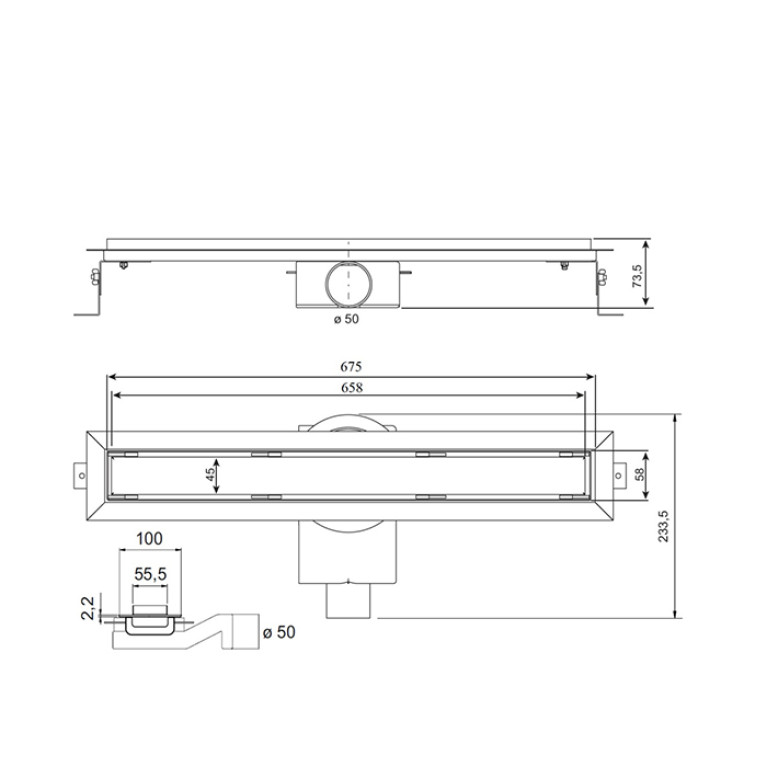 Plumberia Selection Трап душевой PS IN-TILE 6x70 2устор. накладка из нерж.стали, комбинир.затвор с горизонт. Выпуском Ду 50мм,40л/мин, черн.матов.