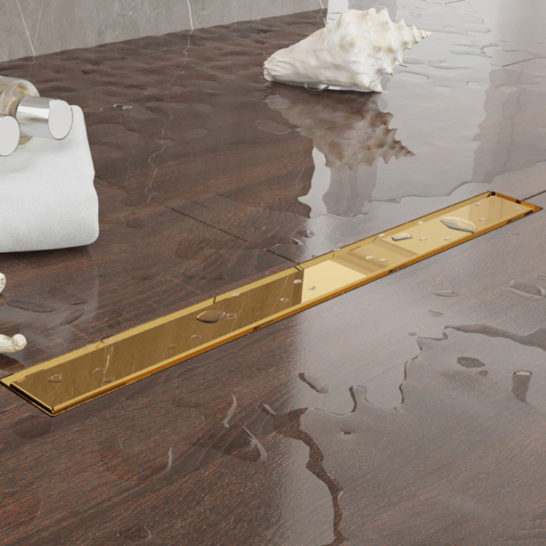 Plumberia Selection Трап душевой PS LINEAR 6x60 2устор. накладка из нерж.стали, комбинир.затвор с горизонт. Выпуском Ду 50мм,40л/мин, золото 24К