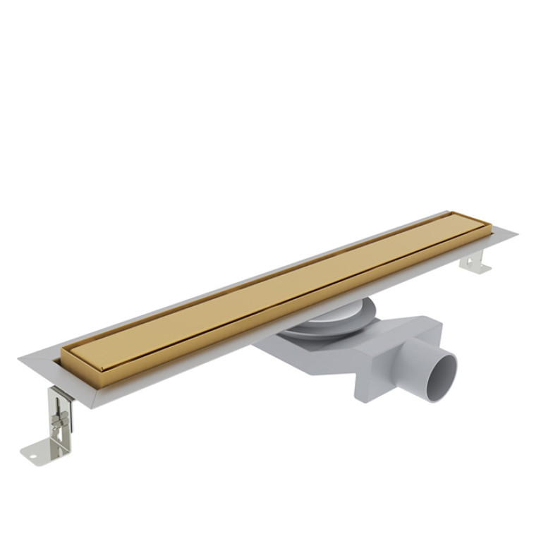 Plumberia Selection Трап душевой PS IN-TILE 6x60 2устор. накладка из нерж.стали, комбинир.затвор с горизонт. Выпуском Ду 50мм,40л/мин, золото браш.