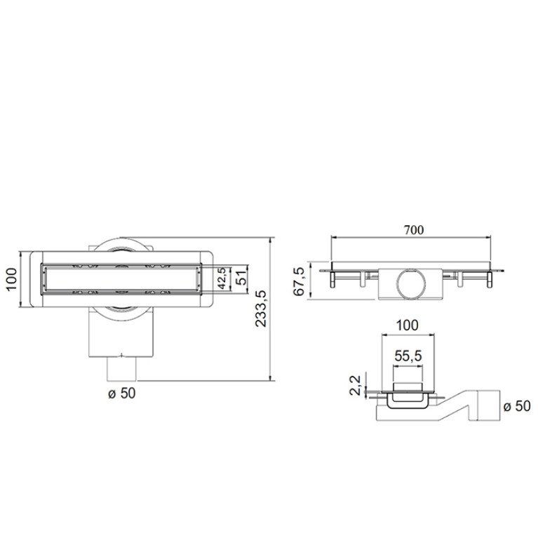 Plumberia Selection Трап душевой PS MODULAR 4x70 2устор. накладка из нерж.стали, основа из пластика 50мм,40л/мин, золото браш.
