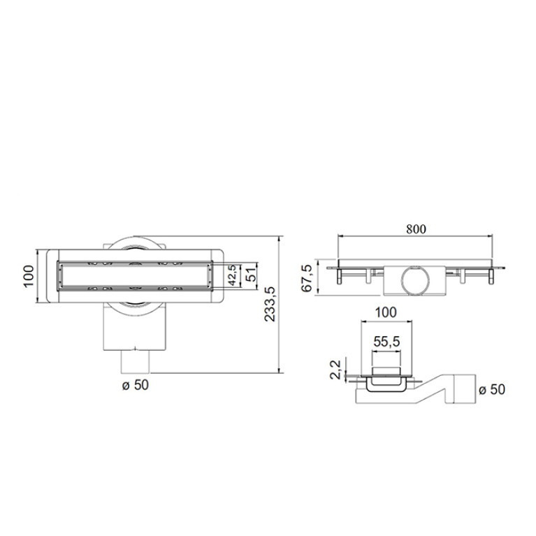 Plumberia Selection Трап душевой PS MODULAR 4x80 2устор. накладка из нерж.стали, основа из пластика 50мм,40л/мин, золото браш.