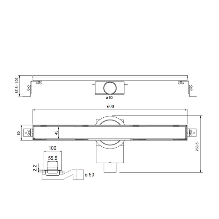 Plumberia Selection Трап душевой PS LINEAR 6x60 2устор. накладка из нерж.стали, комбинир.затвор с горизонт. Выпуском Ду 50мм,40л/мин, черн.матов.