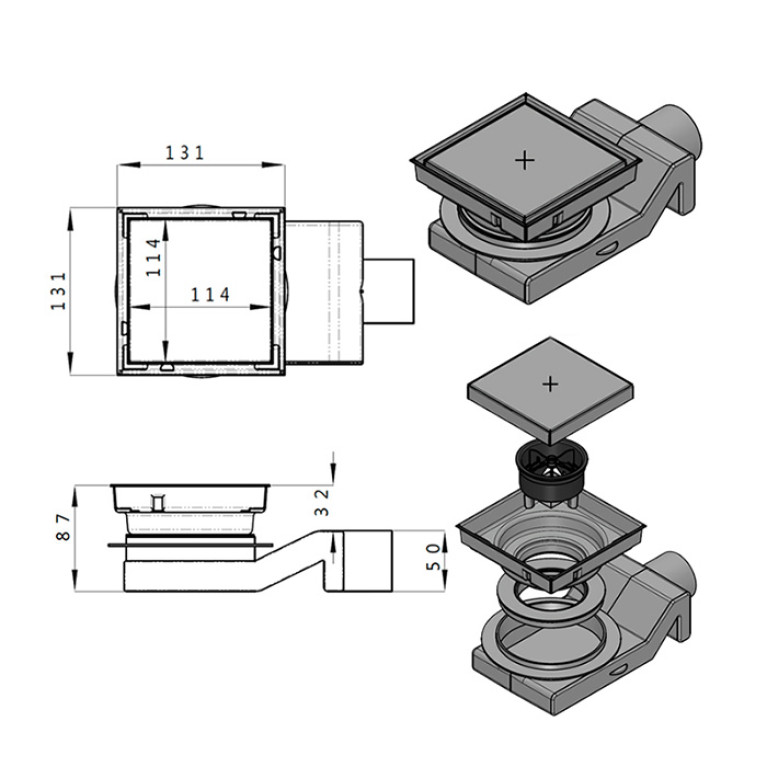 Plumberia  Трап душевой PS HOLDER&nbsp;13x13 2устор. накладка из нерж.стали, комбинир.затвор с горизонт. Выпуском Ду 50мм,40л/мин, браш.нерж.сталь