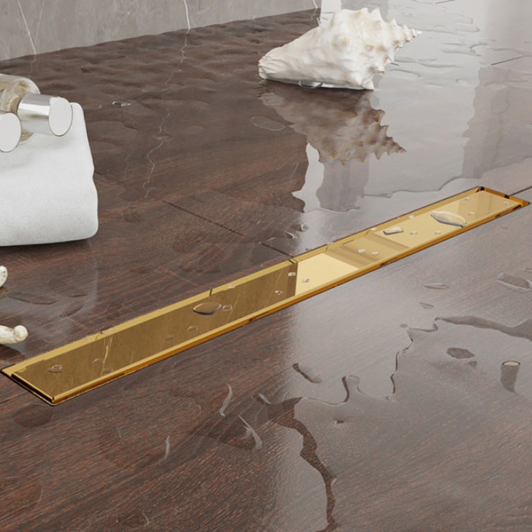 Plumberia Selection Трап душевой PS LINEAR 6x90 2устор. накладка из нерж.стали, комбинир.затвор с горизонт. Выпуском Ду 50мм,40л/мин, золото 24К