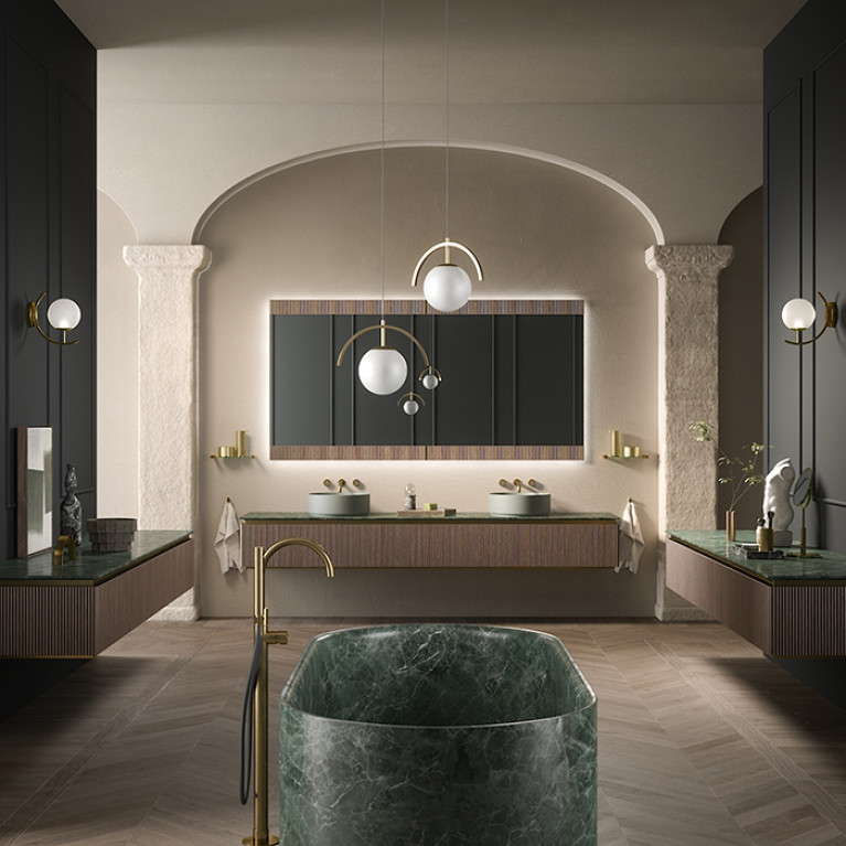 Oasis Naos Тумба навесная для раковины L 120 P 56 H 32см с 1 ящиком, цвет  золото матовое /орех трубчатый