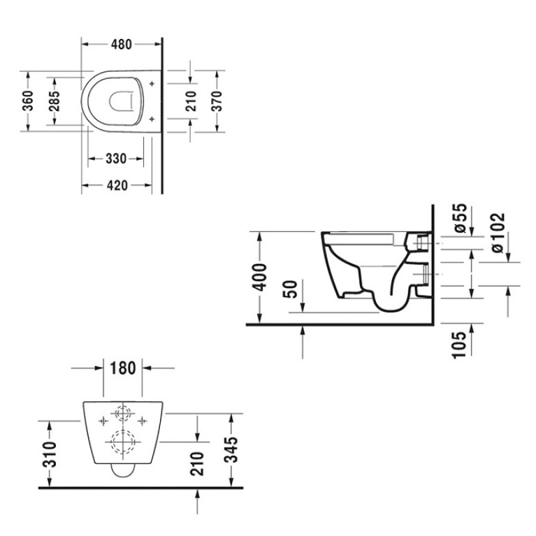 Duravit Me by Starck Комплект: Унитаз  Rimless подвесной, безободковый, с сиденьем микролифт, цвет: белый (Спеццена)