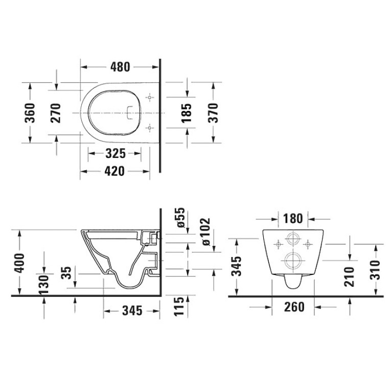 Duravit D-Neo Комплект: Унитаз подвесной 2588090000, укороченный в 370x480x400 mm, комплекте с сиденьем 0021690000 , цвет: белый (Спеццена)