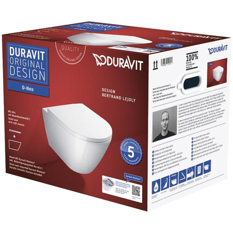 Duravit D-Neo Унитаз подвесной 257709, 540x370 мм, безободковый, с сиденьем 002169 микролифт, цвет: белый (СПЕЦЦЕНА с нашего склада)