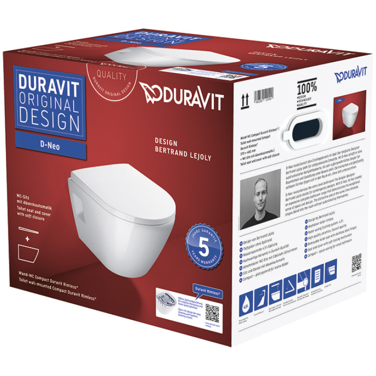 Duravit D-Neo Унитаз подвесной укороченный, 370 x 480 мм, безободковый, в комплекте с сиденьем 0021690000 цвет: белый (Спец.цена из наличия)