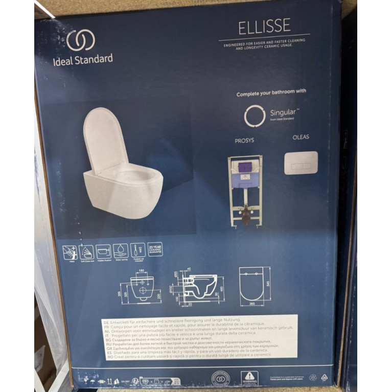 Ideal Standard Ellise Унитаз подвесной 545х365 мм безободковый  с сиденьем и крышкой SoftClose, со скрытым крепежом цвет: белый глянец