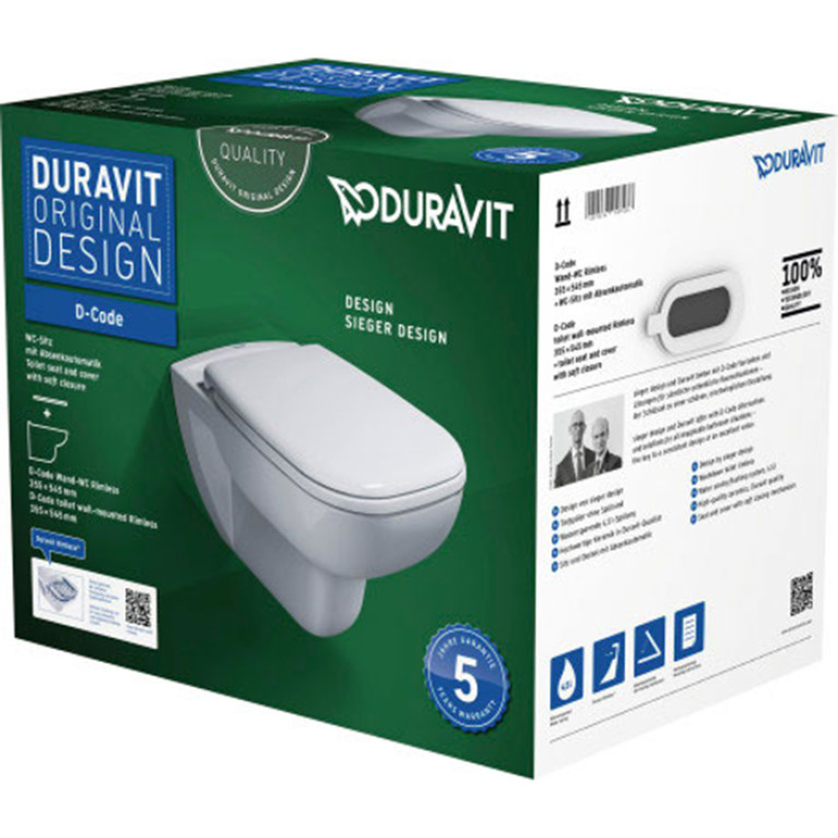 Duravit D-Code Унитаз подвесной 257009, 545х355 мм, безободковый, с сиденьем 006739 микролифт, цвет: белый (СПЕЦЦЕНА с нашего склада)