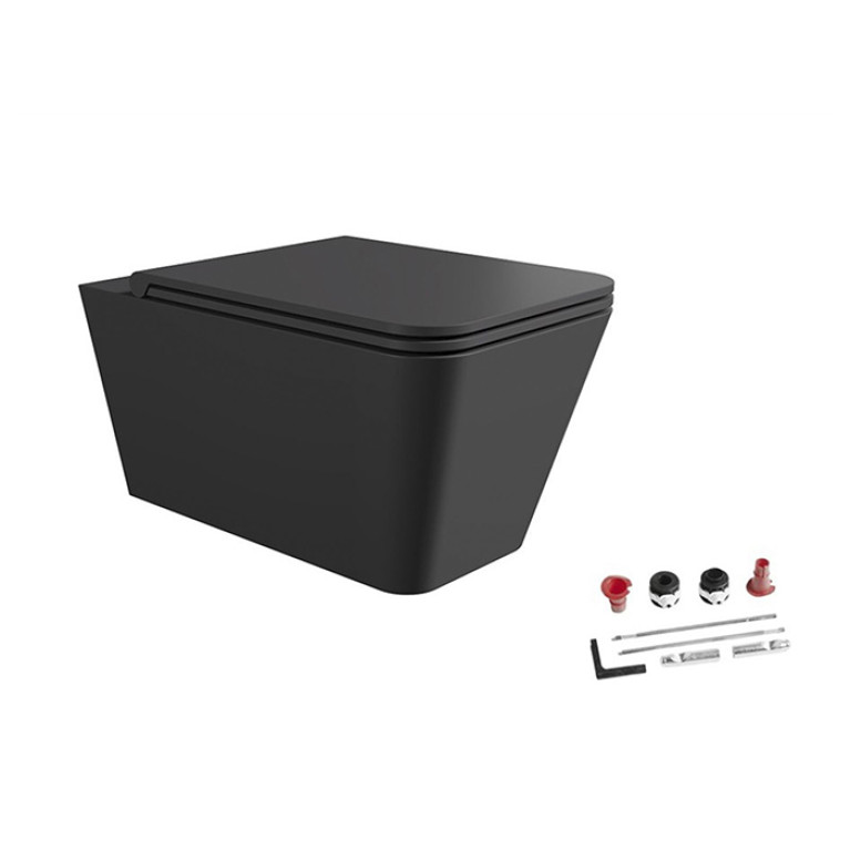 Alice Hide комплект: Унитаз Square 55х35, подвесной, безободковый, с сиденьем и крышкой с микролифтом, с набором для крепления, чёрный матовый
