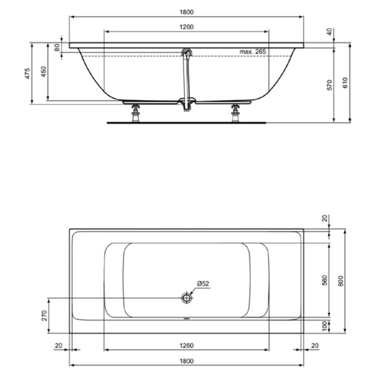 Ideal Standard Connect Air DUO Ванна 180x80 см, встраиваемая, акрил, диаметр  слива 52 мм, без панелей, перелива, без ножек цвет: белый глянец