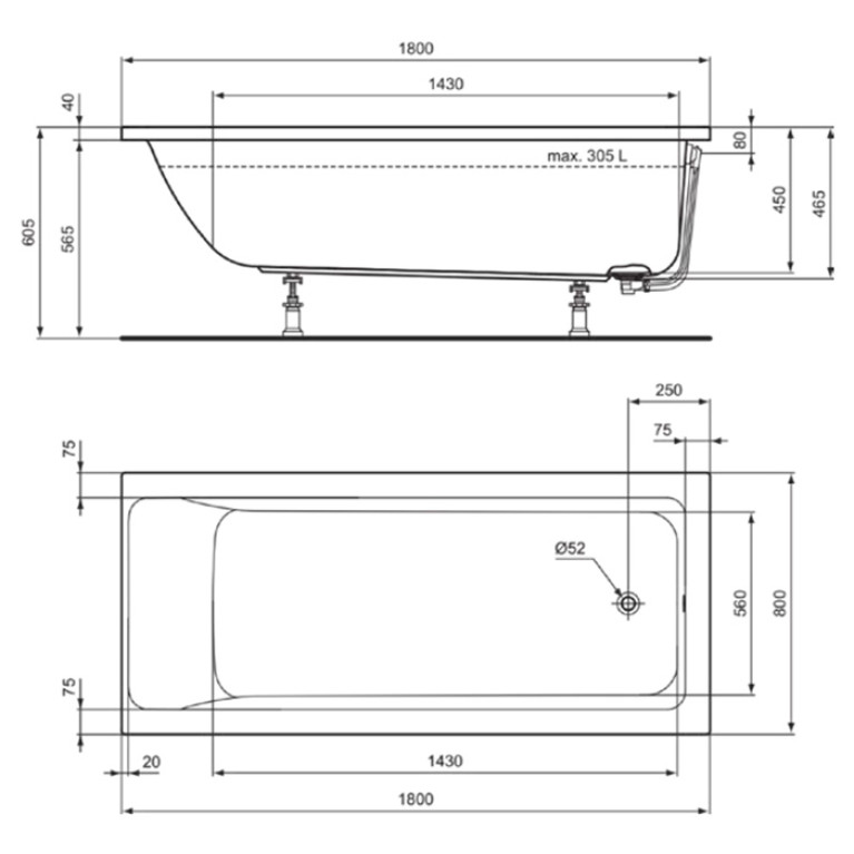 Ideal Standard Connect Air Ванна 180x80 см, встраиваемая, акрил, диаметр  слива 52 мм, без панелей, перелива, без ножек цвет: белый глянец