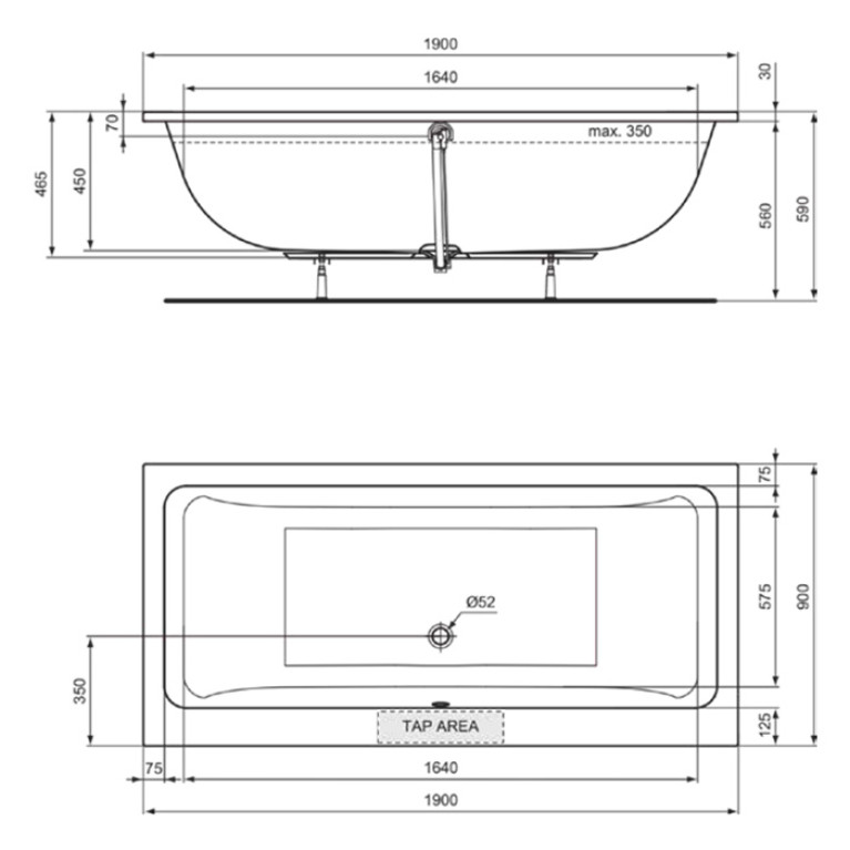 Ideal Standard Dolce Vita Ванна 190x90 см, встраиваемая, акрил, диаметр  слива 52 мм, без панелей, перелива, ножки в комплекте цвет: белый глянец
