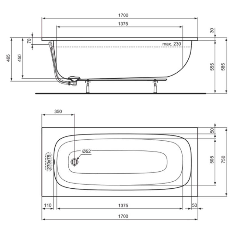 Ideal Standard i.life Ванна 170x75 см, встраиваемая, акрил, диаметр  слива 52 мм, без панелей, перелива, без ножек цвет: белый глянец