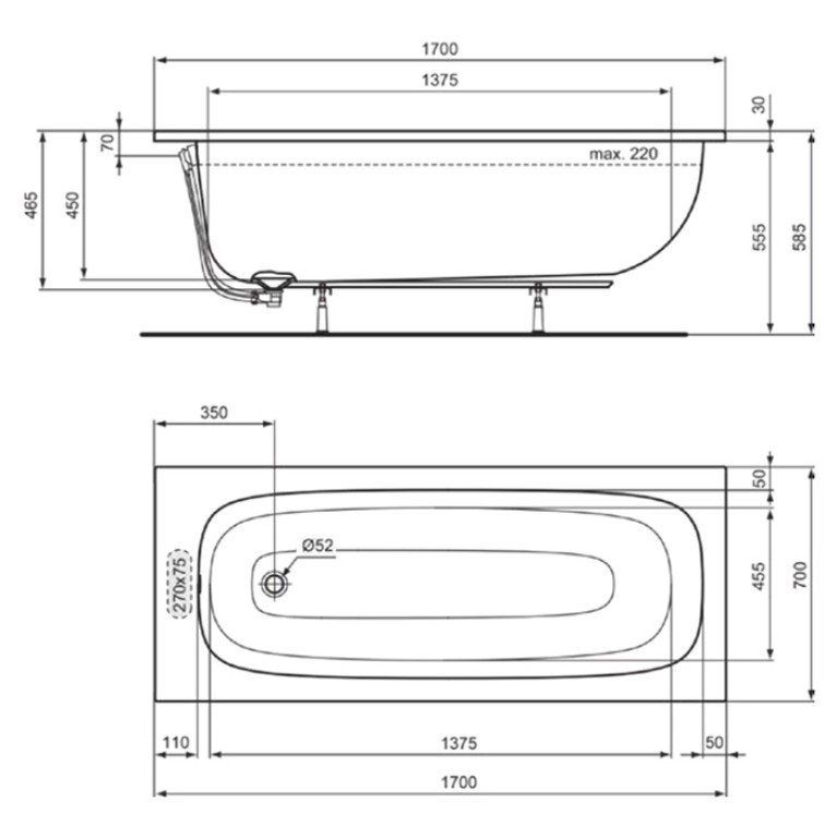 Ideal Standard i.life Ванна 170x70 см, встраиваемая, акрил, диаметр  слива 52 мм, без панелей, перелива, без ножек цвет: белый глянец