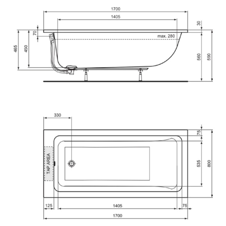 Ideal Standard Dolce Vita Ванна 170x80 см, встраиваемая, акрил, диаметр  слива 52 мм, без панелей, перелива, ножки в комплекте цвет: белый глянец