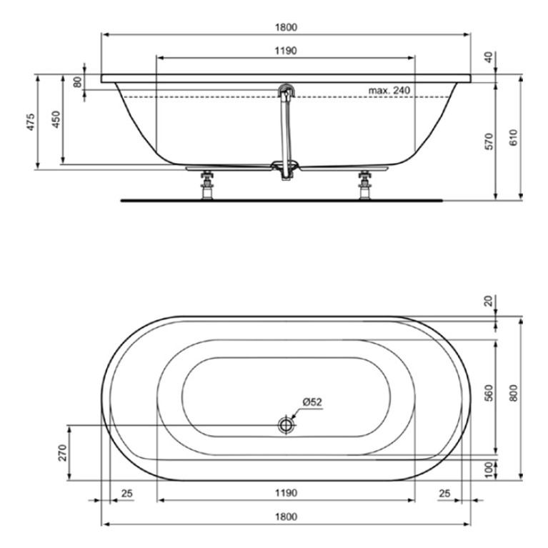 Ideal Standard Connect Air OVAL Ванна 180x80 см, встраиваемая, овал, акрил, диаметр слива 52 мм, без панелей, перелива, без ножек цвет: белый глянец