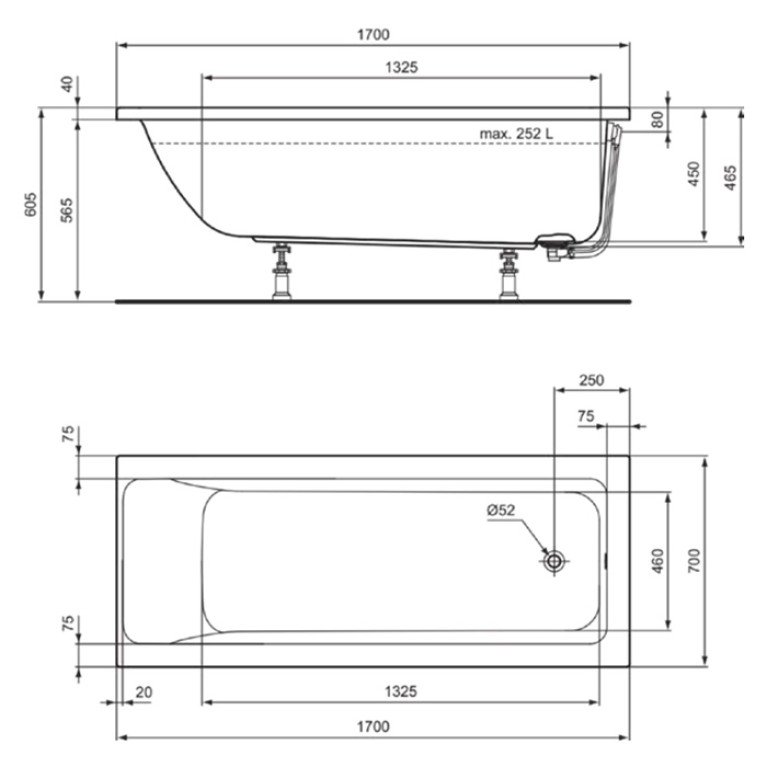 Ideal Standard Connect Air Ванна 170x70 см, встраиваемая, акрил, диаметр  слива 52 мм, без панелей, перелива, без ножек цвет: белый глянец