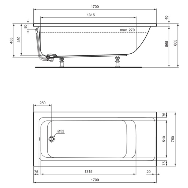Ideal Standard Connect Air Ванна 170x75 см, встраиваемая, акрил, диаметр  слива 52 мм, без панелей, перелива, без ножек цвет: белый глянец