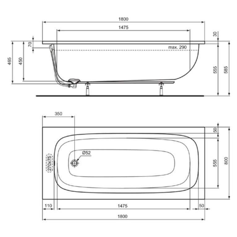 Ideal Standard i.life Ванна 180x80 см, встраиваемая, акрил, диаметр  слива 52 мм, без панелей, перелива, без ножек цвет: белый глянец