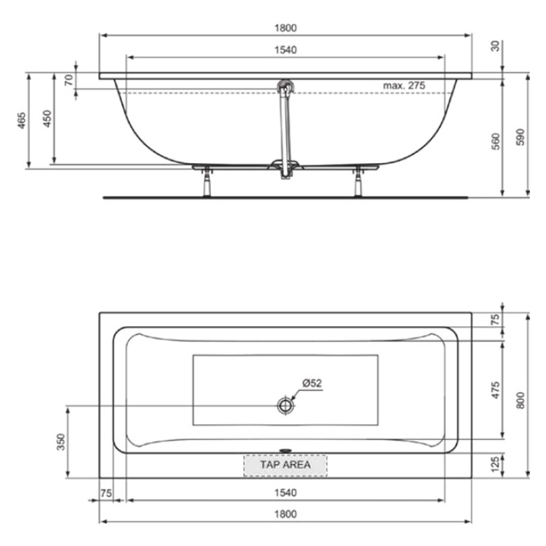 Ideal Standard Dolce Vita DUO Ванна 180x80 см, встраиваемая, акрил, диаметр  слива 52 мм, без панелей, перелива, ножки в комплекте цвет: белый глянец