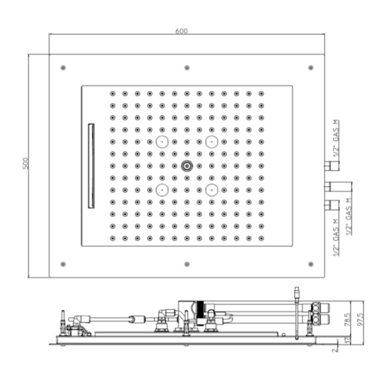 Bossini Frame Multifunctions Верхний душ 600x500мм 3 режима (тропический душ, каскад, туман), с функцией  хромотерапии по всему периметр цвет: хром