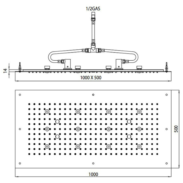 BOSSINI DREAM-XL RECTANGULAR Верхний душ 1000 x 500 mm, с 12 LED (белый), блок питания/управления, цвет: хром