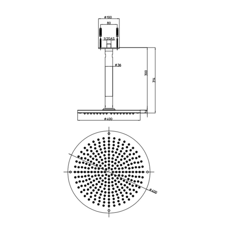 BOSSINI DREAM-OKI Верхний душ &Oslash; 400 mm 1 режим - держателем вертикальным 300 x &Oslash; 36 mm, цвет: хром