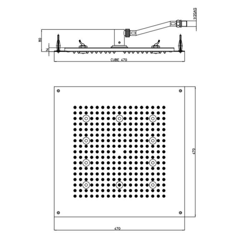 BOSSINI DREAM-CUBE Верхний душ 470 x 470 mm с 10 LED (белый), блок питания/управления, цвет: черный матовый