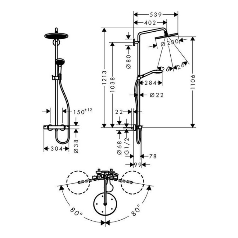 HG Croma Select 280 1jet SHP Душевая система Showerpipe с термостатом, цвет хром