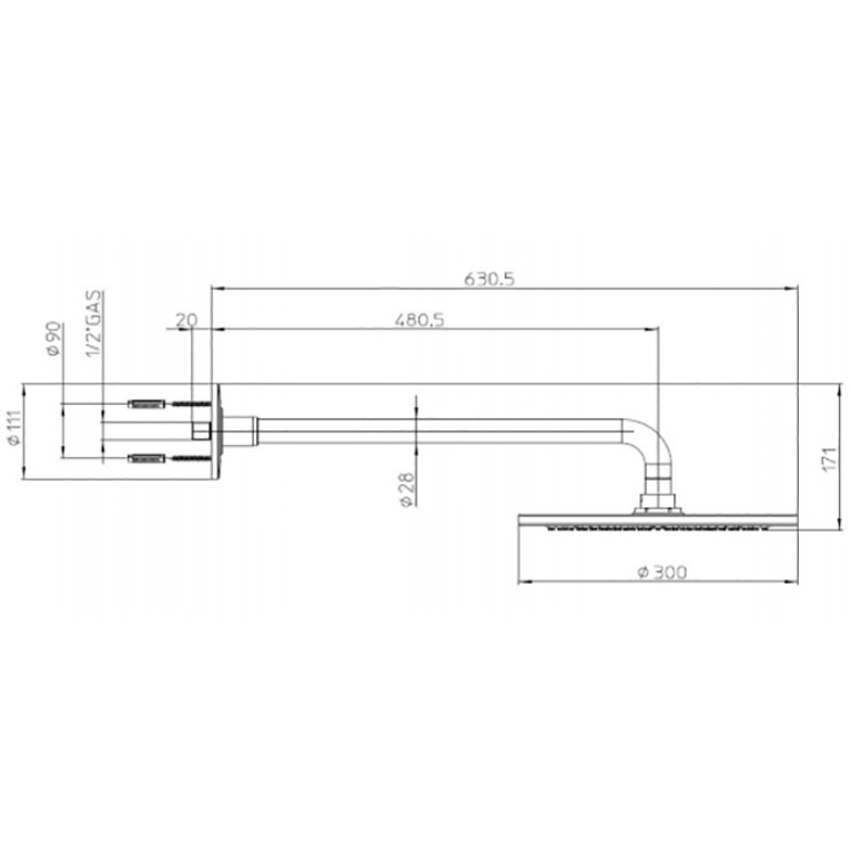 BOSSINI DREAM-OKI Верхний душ &Oslash; 300 mm 1 режим, с держателем &Oslash; 28 mm x 500 mm, цвет: хром