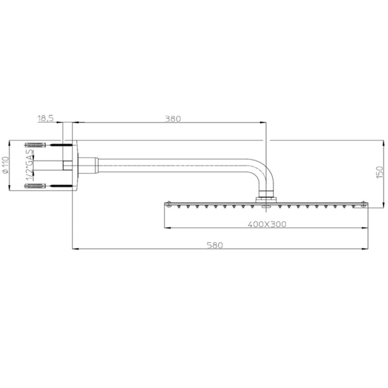 BOSSINI PARIS-RECTANGULAR Верхний душ 400 x 300 mm, настенный кронштейн &Oslash; 28 x 400 mm, цвет: хром