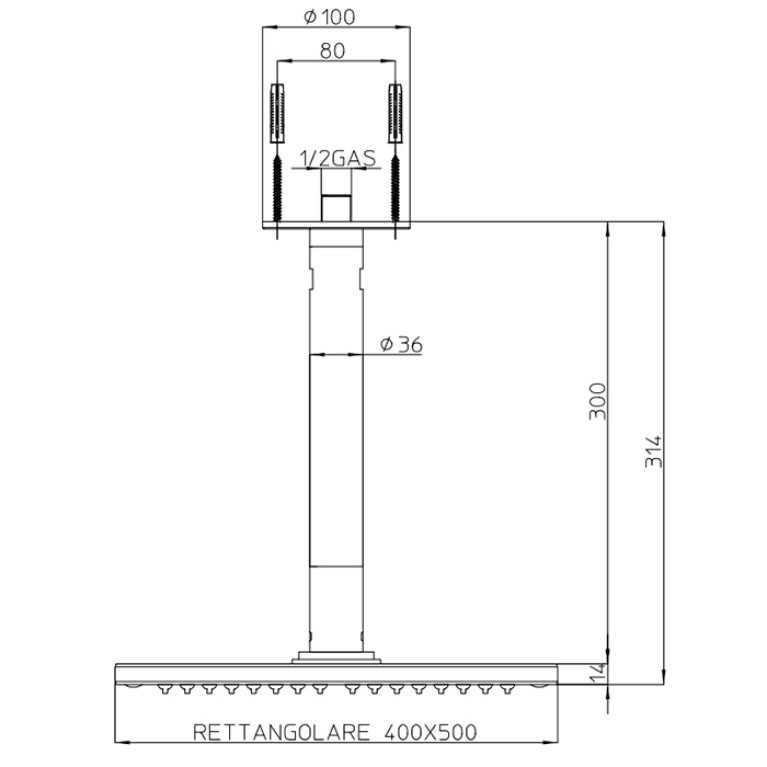 BOSSINI DREAM-RECTANGULAR Верхний душ 500 x 400 mm 1 режим - держателем вертикальным 300 x &Oslash; 36 mm, цвет: хром