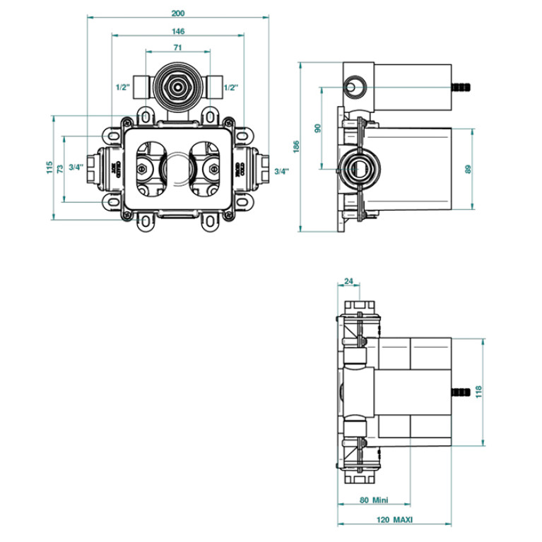 THG Встраиваемая часть термостатического смесителя, с переключателем на 2 положения