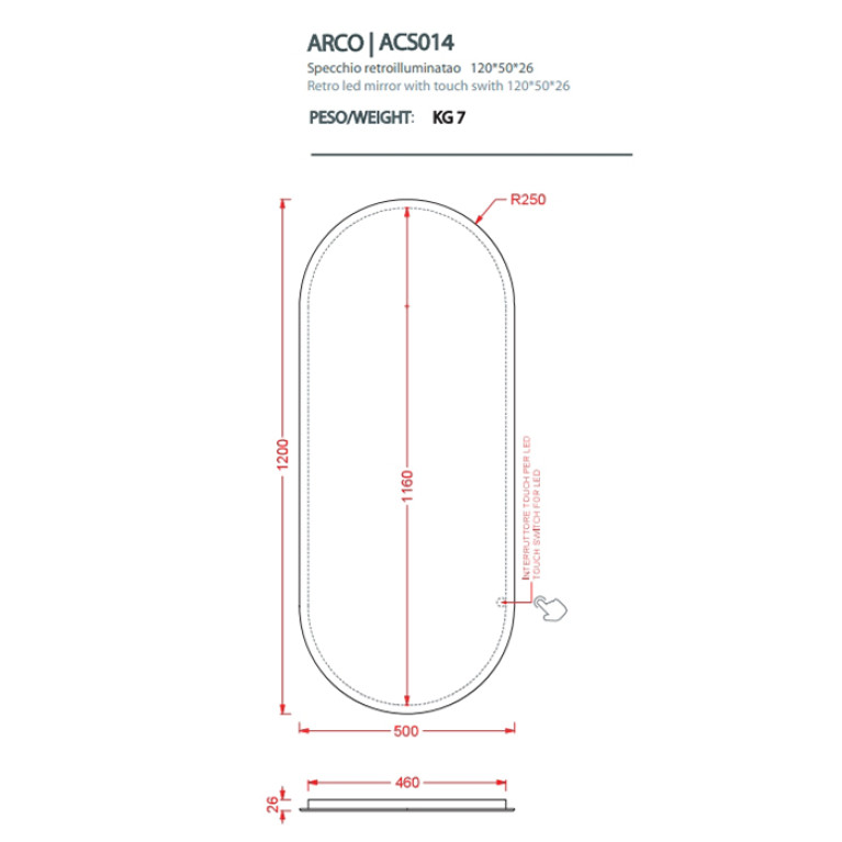 Artceram ARCO 120 Зеркало 50х120 см.с подсветкой