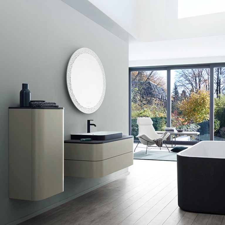 Duravit Happy D.2 Plus Зеркало круглое d900 мм, декор: organic, LED 3500, 41w, сенсор, регулировка яркости, приглушение света + выключатель, G Вид под
