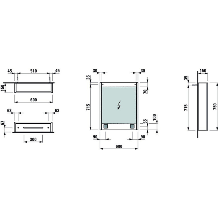 Laufen Frame 25 шкаф зеркальный 600x150x750 мм, алюминий, 1 дверца с зеркалом с 2х сторон, петли справа, сенс. выкл., 2 розетки, 2 верт-х эл-та LED-по