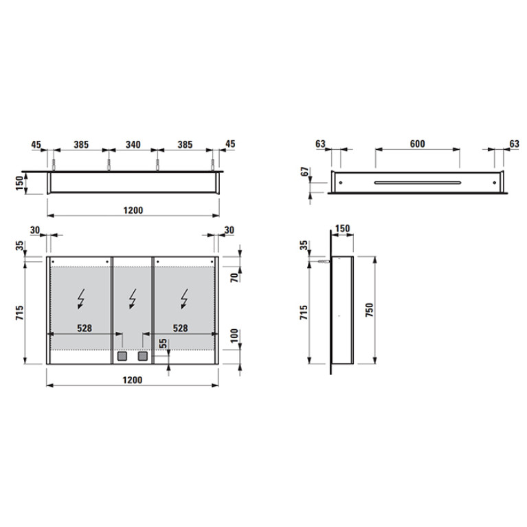LAUFEN FRAME 25 Зеркальный шкаф 1200х150х750 мм., 3 двери, LED подсветка, подсветка снизу, сенсорный выключатель, 2 розетки, цвет Mirror